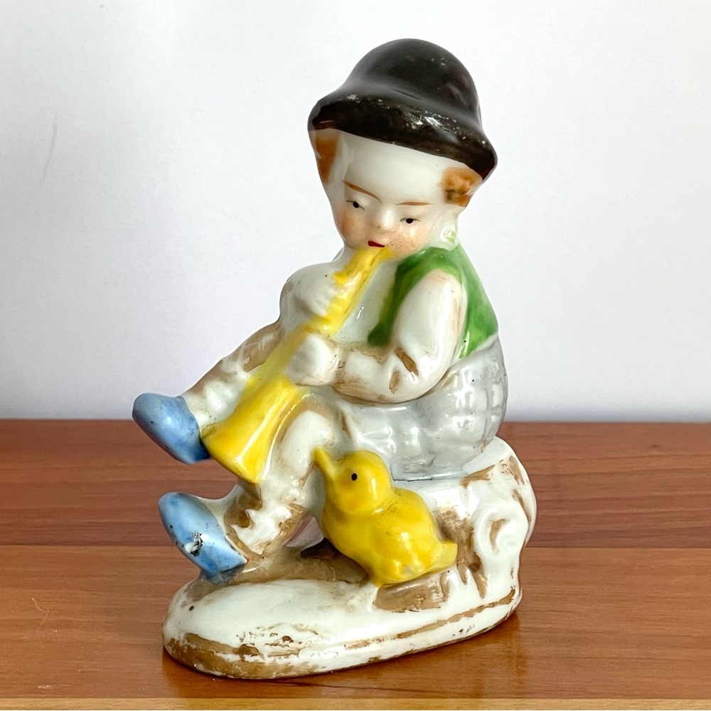 Vintage Figurine Made in Japan Little Boy Blowing Horn With Duckling